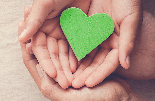 Adult and child hands holding green heart, Vegan vegetarian, sustainable living, healthy wellness, CSR social responsibility concept, world environment day, world health day